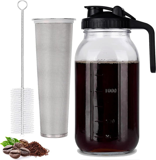 JavaSun Cold Brew Coffee Maker - 64oz Mason Jar Pitcher with Premium Stainless Steel Filter and Handle for Iced Coffee, Iced Tea, Homemade Fruit Drinks (64 oz)