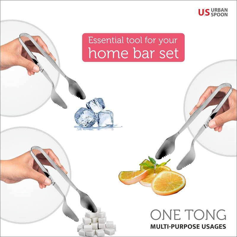 Urban Spoon Ice Tongs, Stainless Steel Ice Tongs for Cocktails, Bar Tools, Serving Tools, 7.6 Inch Metal Tongs