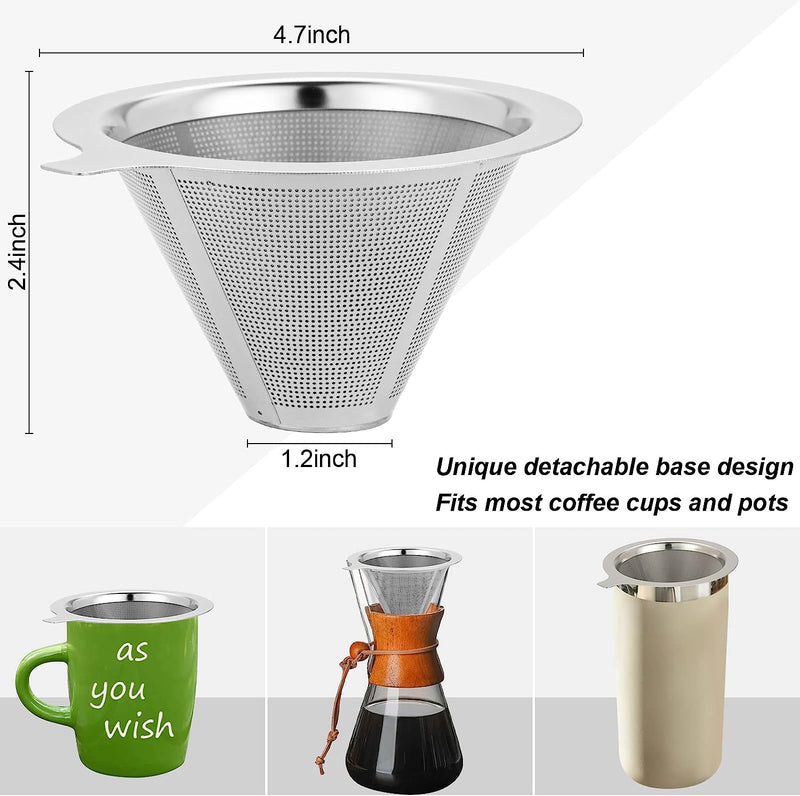 PREONA Pour Over Coffee Dripper,Reusable Coffee Filter,Slow Drip Paperless Stainless Steel Cone Coffee Coffee Maker,Easy to Use and Clean (1-2Cup)