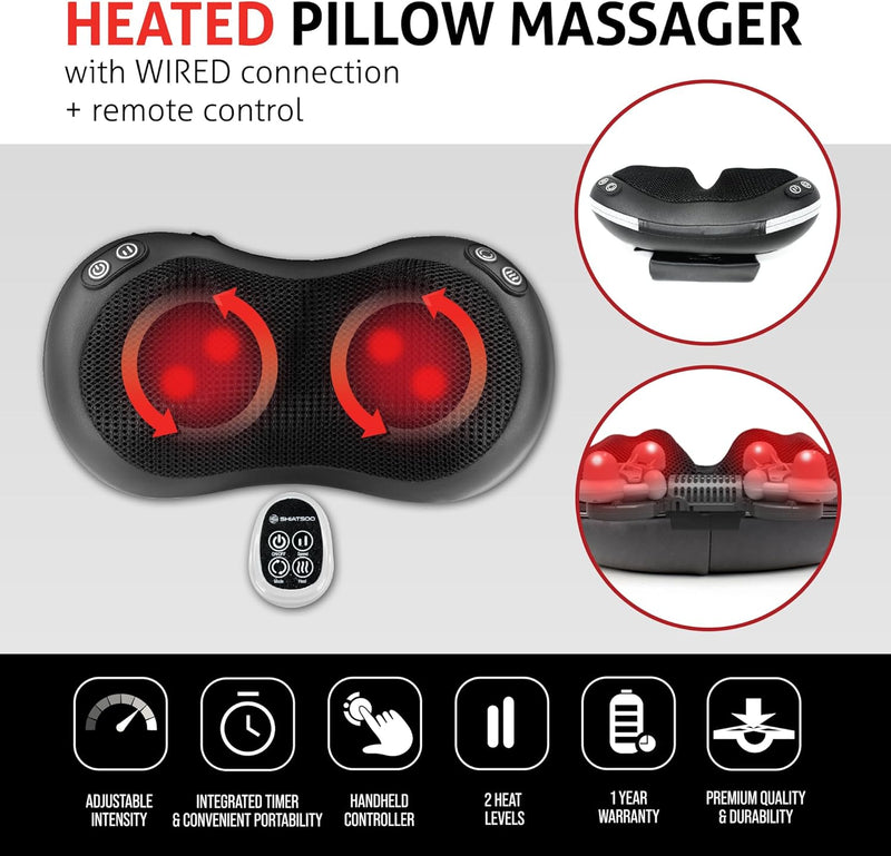 Shiatsoo Neck Back & Lower Back Massager with Heat | Shiatsu Heated Pillow Massager | Pain Relief | Deep Tissue