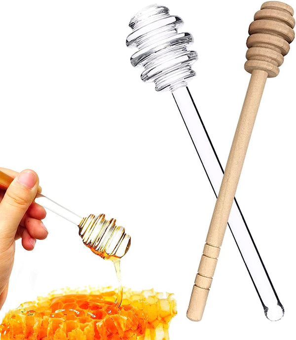 2 Pcs Honey Dipper Sticks - Wooden and Glass Honey Dipper, 6 inch Honeycomb Stick, Honey Stirrer Stick for Honey Jar Dispense Drizzle Honey, Wedding Party Favors