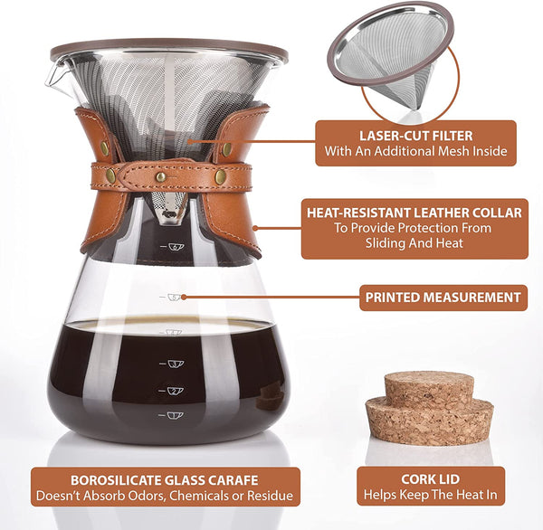 Glass Pour Over Coffee Maker with Double-layer Stainless Steel Filter, Coffee Dripper, with Cork Lid, Leather Collar Holder, Best Gift Idea for Him or Her – Dad or Mom - 37 oz (7-Cup)