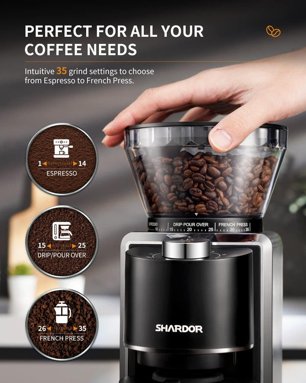 SHARDOR Conical Burr Coffee Grinder, Electric Adjustable Burr Mill with 35 Precise Grind Setting for 2-12 Cup, Black