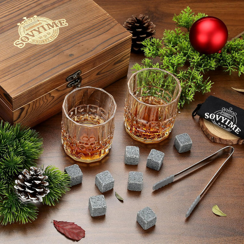 Sovyime Whiskey Stones Gifts for Men, Groomsmen Gifts, Granite Chilling Stones Bourbon Whiskey Glasses Set, Unique Birthday Gifts for Men Christmas Father's Day Valentine Retirement