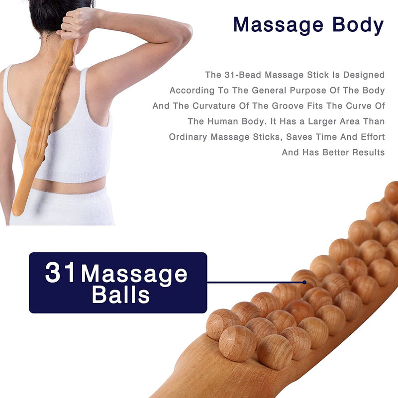 Wood Therapy Massage Roller Stick Tools, for Lymphatic Drainage, Anti Cellulite, Body Sculpting,Ease Neck Back Waist and Leg Pain Handheld Massage Stick (31Beads) (Wood Color)