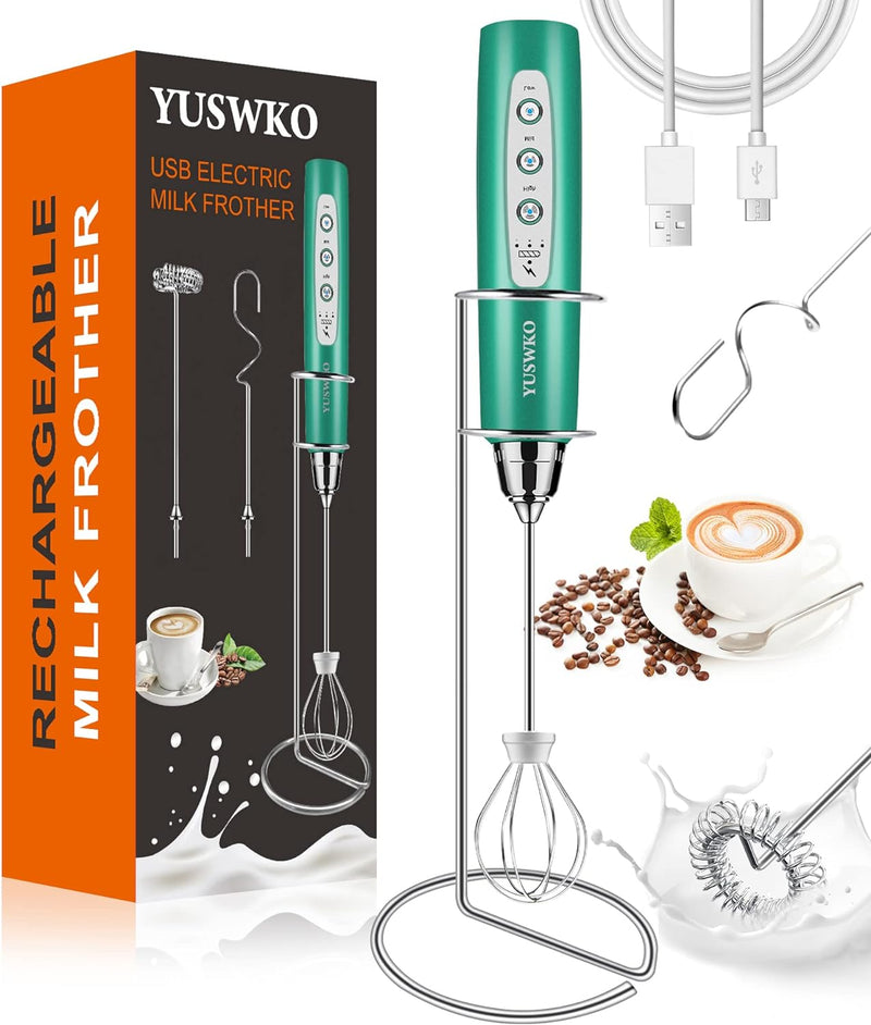 YUSWKO Milk Frother Handheld with 3 Heads, Electric Whisk Drink Foam Mixer with USB Rechargeable 3 Speeds, Mini Frother for Coffee Latte, Cappuccino, Hot Chocolate, Egg - Black