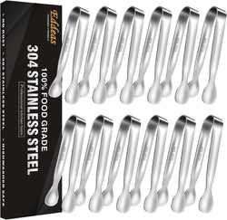 Eddeas Mini Tongs For Serving Food，Set fo 12 Small Tongs For Appetizers，Small Stainless Steel Metal Cooking Tongs，for Tea Party Coffee Bar, 4 inch Sugar Tongs - Silver