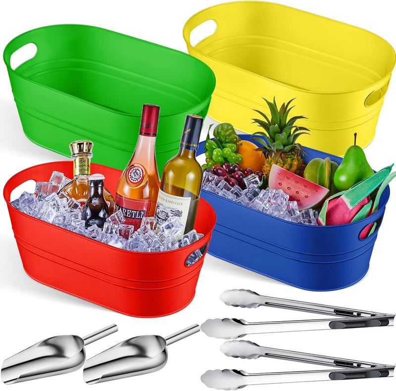 4 Pcs Galvanized Beverage Tubs Insulated Drink Tub with 2 Pcs Ice Scoop and 2 Pcs Stainless Steel Tongs Cold Beer Galvanized Beverage Ice Home Parties, 4 Gallons (Silver, Classic Style)