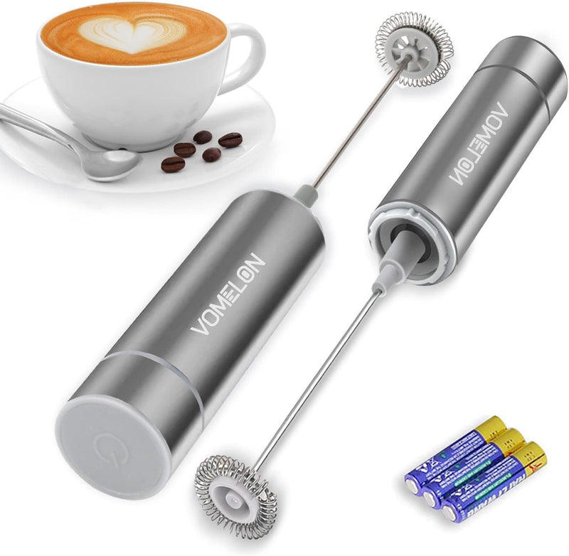 Milk Frother Handheld, Battery Operated Travel Coffee Frother Milk Foamer Drink Mixer with 2 Stainless Steel Whisks for Hot Chocolate, Batteries Included, Silver