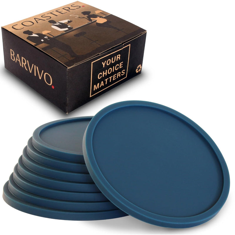 Barvivo Silicone Coasters with Holder Set of 8 - Cup Coasters for Indoor and Outdoor, Perfect Durable Coaster for Tabletop Protection, Anti Slip, Suitable for All Drinks & Table Types - Black