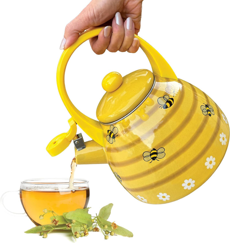 Trenton Gifts Bee Hive Design Enamel Tea Kettle - Whistling Stove Top Teakettle, Cute Kitchen Accessories 2.3 Quart