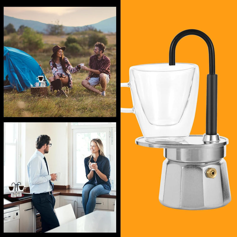 MVPLUE-Mini Express Swiss Single Tube Moka Pot Aluminum Silver，Moka Set includes One Double Wall 3oz Cup,Enjoy delicious coffee in no time