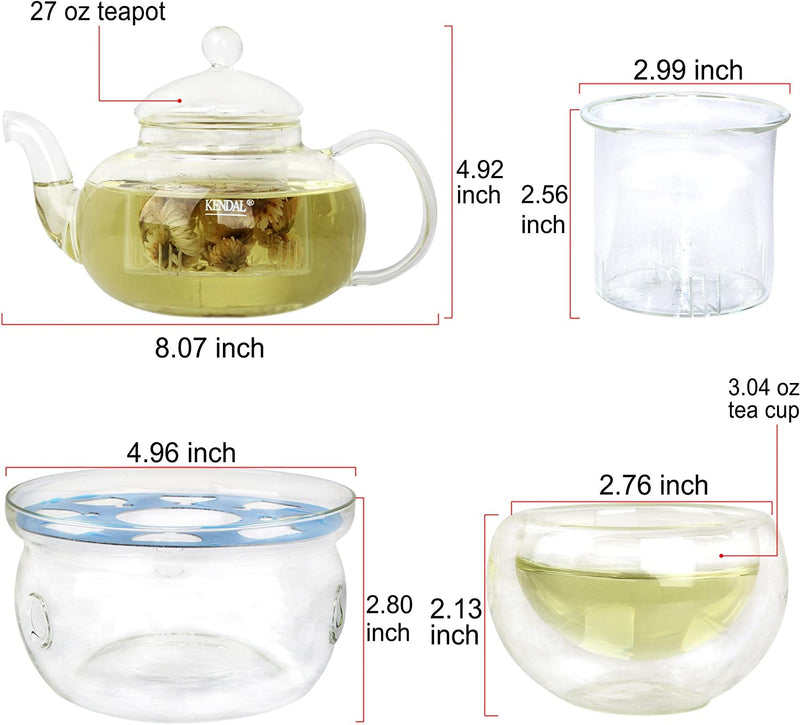 27 oz Glass Teapot Set Stovetop Safe Tea Infuser Maker with a Candle Warmer and 6 Double Wall Teacups，Blooming & Loose Leaf Tea Pot CJ-800ml