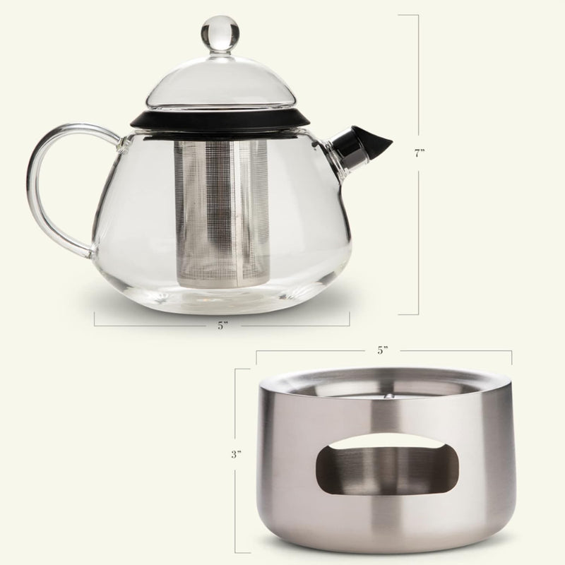 Elfin Glass Teapot with Infuser and Teapot Warmer (Stainless Steel) 28oz / 800ml Danish Designer Teapot Set – Stylish Clear Glass Tea Pot Sets with Infusers for Loose Leaf Tea and Tea Bags at Tea Time