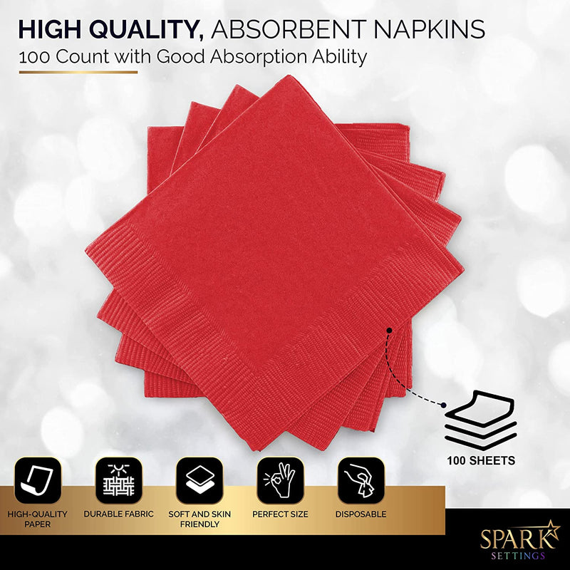 Amcrate Big Party Pack 100 Count Red Beverage Napkins - Ideal for Wedding, Party, Birthday, Dinner, Lunch, Cocktails. (5” x 5”)