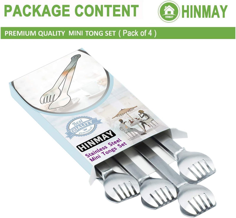 HINMAY Small Serving Tongs 6-Inch Stainless Steel Mini Appetizer Tongs, Set of 4 (Brushed)