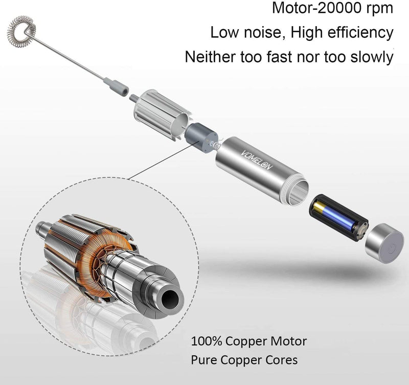 Milk Frother Handheld, Battery Operated Travel Coffee Frother Milk Foamer Drink Mixer with 2 Stainless Steel Whisks for Hot Chocolate, Batteries Included, Silver