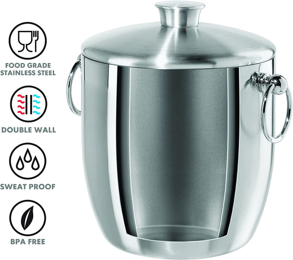 OGGI Double Wall Stainless Steel Ice Bucket - Insulated Ice Bucket with Elegant Steel Lid, Classic Handles & Stainless Steel Ice Tongs - Great for Home Bar, Chilling Beer, Champagne and Wine - 3 qt