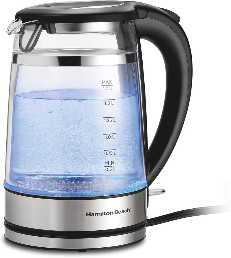 Hamilton Beach 1.7L Electric Tea Kettle, Water Boiler & Heater, Built-In Mesh Filter, Auto-Shutoff & Boil-Dry Protection, Cordless Serving, LED Indicator, Clear Glass (40864)