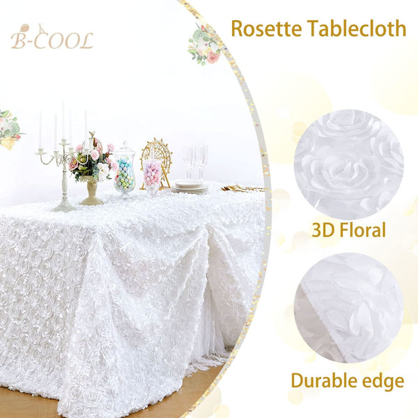 White Rosette 3D Tablecloth - 90x132 Inches - Wedding Party Table Decor