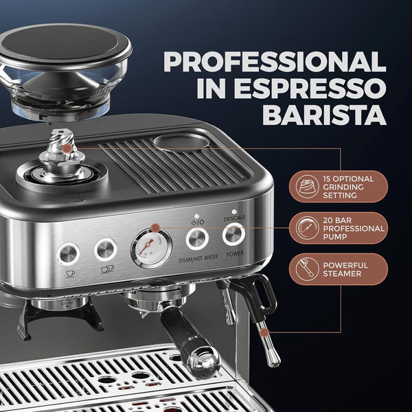 JASSY Espresso Coffee Machine 20 Bar Cappuccino Maker High Pressure Pump with Barista Coffee Grinder/Milk Frother for Home Brewing