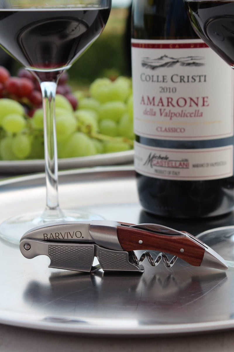 Barvivo Natural Rosewood Wine Opener with Foil Cutter Knife & Cap Remover, Double Hinged Manual Wine Key for Bartenders, Servers, Waiters, Stainless Steel Wine Bottle Opener Corkscrew