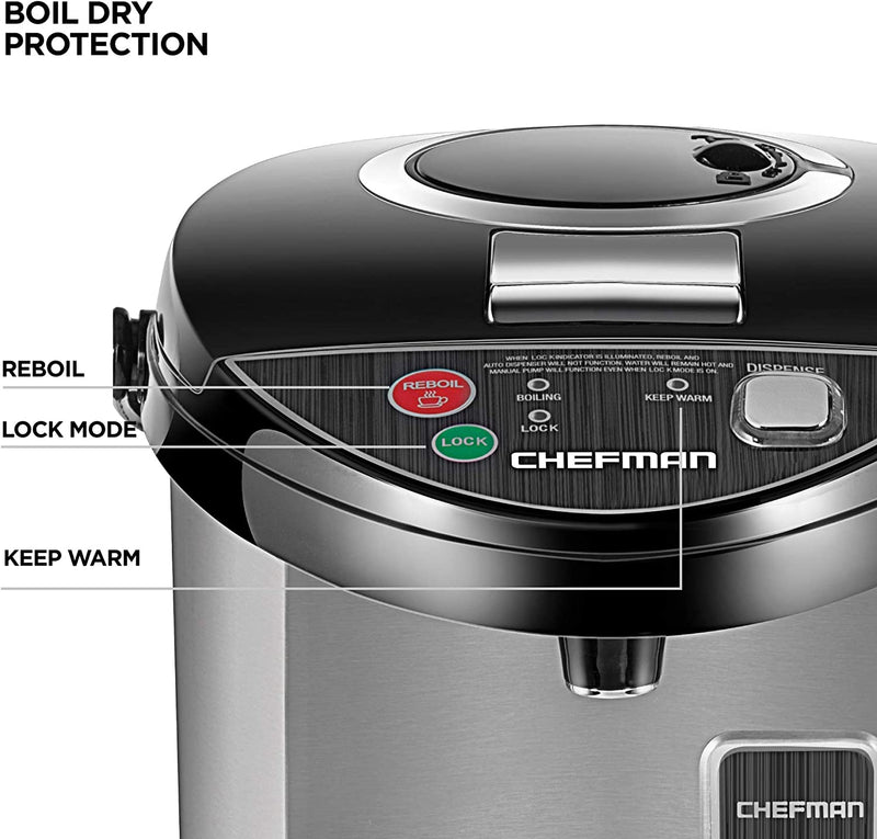 Chefman Electric Hot Water Pot Urn w/ Manual Dispense Buttons, Safety Lock, Instant Heating for Coffee & Tea, Auto-Shutoff/Boil Dry Protection, Insulated Stainless Steel, 5.3L/5.6 Qt/30+ Cups