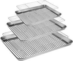 Stainless Steel Baking Sheet Tray Cooling Rack with Silicone Baking Mat Set, Cookie Pan with Cooling Rack, Set of 9 (3 Sheets + 3 Racks + 3 Mats), Non Toxic, Easy Clean