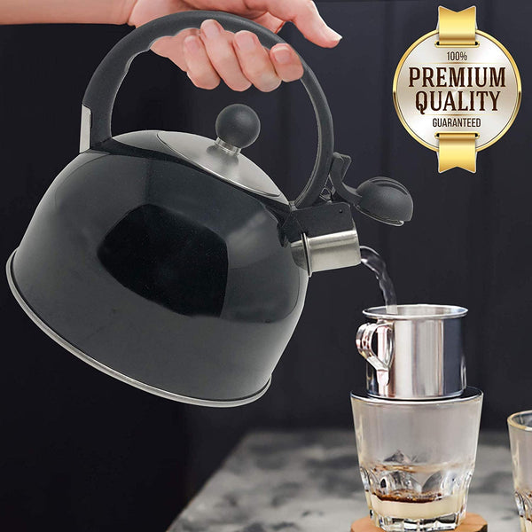 2.5 Liter Whistling Tea Kettle - Modern Stainless Steel Whistling Tea Pot for Stovetop with Cool Grip Ergonomic Handle (Black)