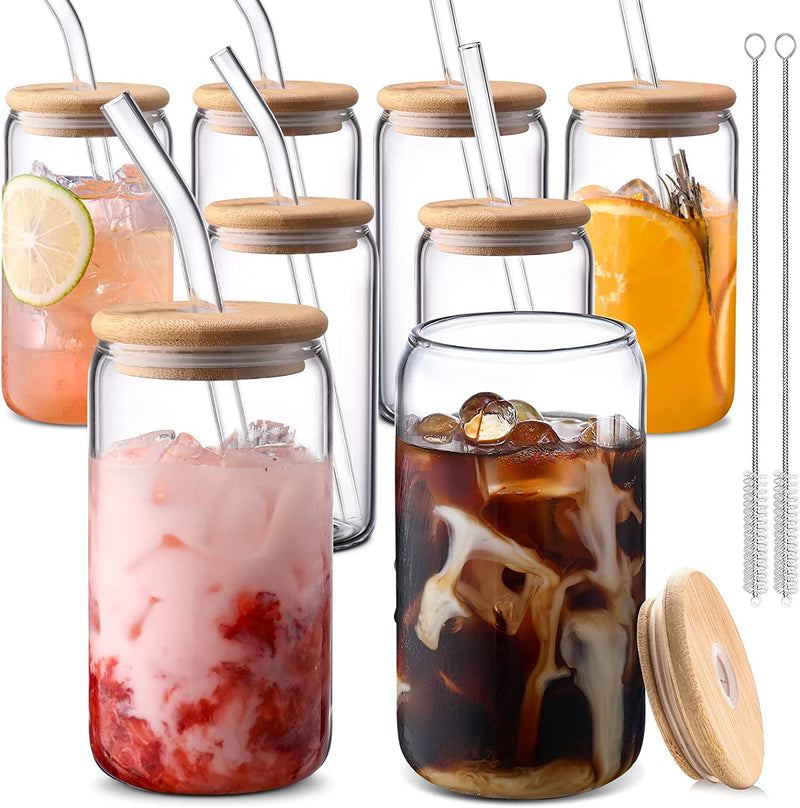 Glass Cups 16oz,Glass Cups with Lids and Straws 4pcs-DWTS Coffee cups,Drinking glasses set,Glass tumbler with straw and lid gift 2 Cleaning Brushes