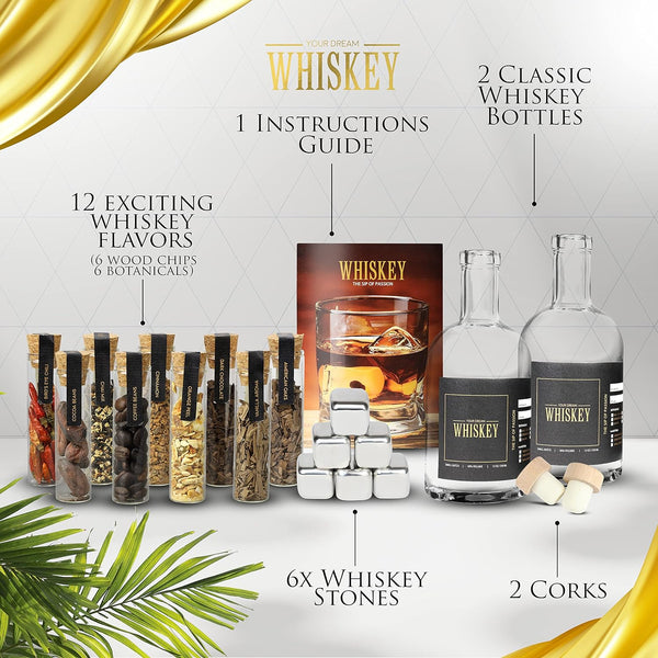 Whiskey Gifts for Men - Whiskey Making Kit - Whiskey Infusion Kit Gift Sets Men with Bottles, Wood Chips, Botanicals, Whiskey Stones - Whiskey Set - Husband Birthday Gift, Bourbon Kit Mens Gift Set