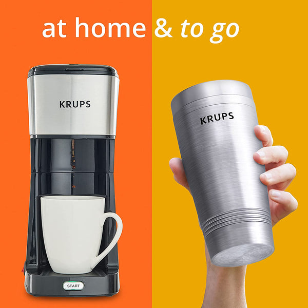 Krups Simply Brew Stainless Steel Single Serve Drip Coffee Maker amd Travel Tumbler 12 Ounce Stainless Steel Tumbler Included 650 Watts Coffee Filter, Compact Silver and Black