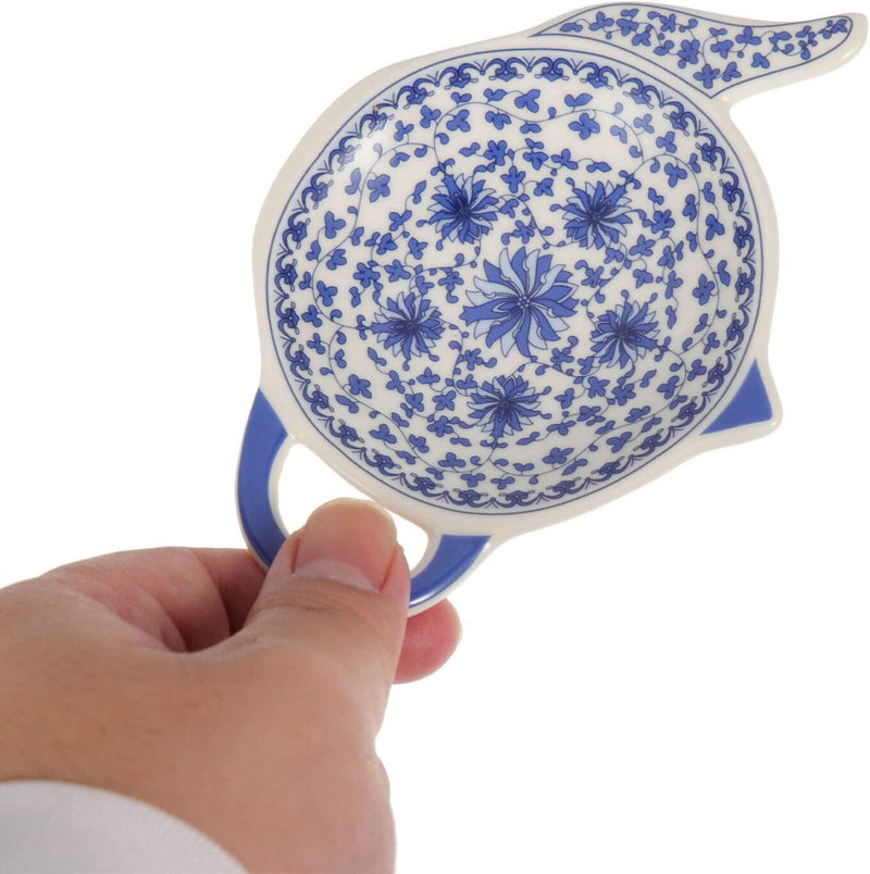 HEMOTON 4 Pcs Ceramic Tea Bag Holders Teapot Shaped Teabag Coaster Trays Tea Bag Saucers Seasoning Dish for Home Kitchen Blue