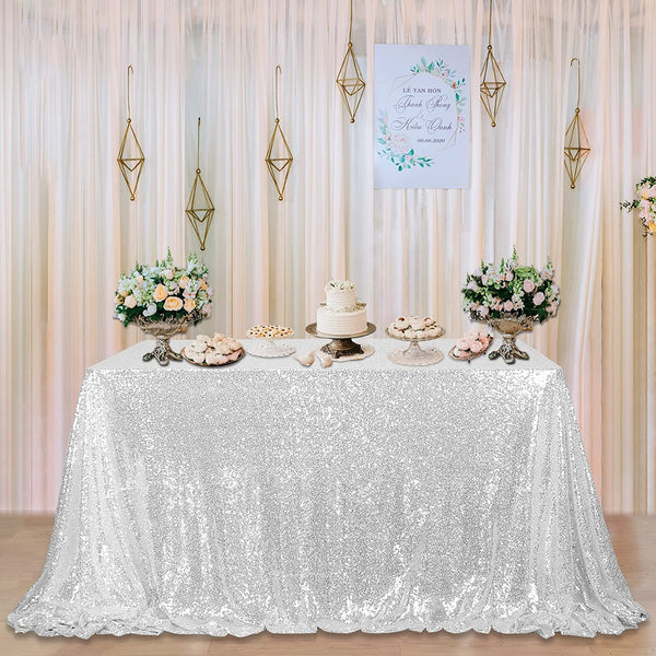 Glitter Sliver Sequin Tablecloth - 60X92Inch Sliver Seamless Sparkly Table Cloth Sequence Table Cover for Wedding Birthday Bridal Shower Party Decorations Sliver Shinny Table Linens
