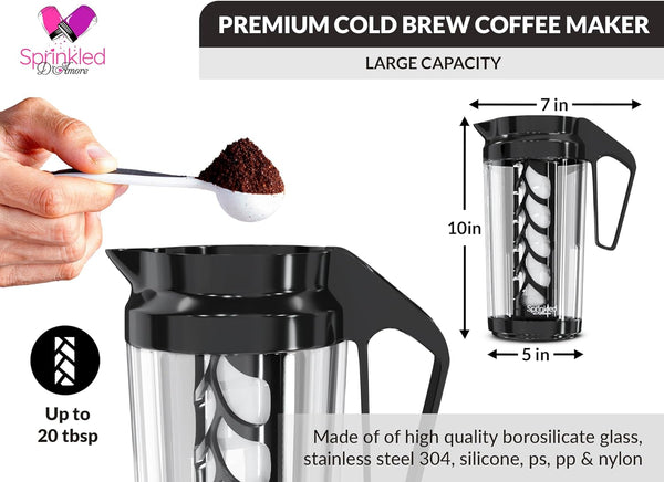 Sprinkled d’Amore Cold Brew Coffee Maker - Premium Iced Coffee Brewer Pitcher Kit for Smooth, Low-Acidity Cold Brew Coffee - Easy to Clean - Incl. Silicon Brush