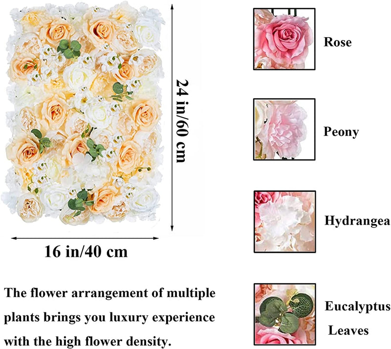 Flower Wall Panels Backdrop Dcor 6 Pc Champagne  White Floral Backdrop for Weddings  Parties - 24X16 Hanging Silk Fake Rose Decoration