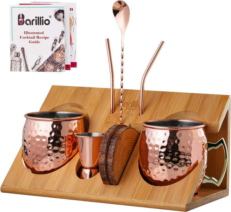 barillio Moscow Mule Mug Set of 2 With Bamboo Stand | Large Size 18 oz copper Cups | Stainless Steel Lining & Pure Copper Plating