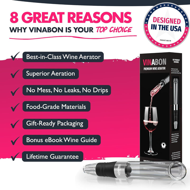 VINABON Wine Aerator - Premium 2024 Wine Aerating Pourer and Wine Air Aerator Decanter Spout for Enhanced Wine Flavor and Bouquet, Includes WineGuide Ebook