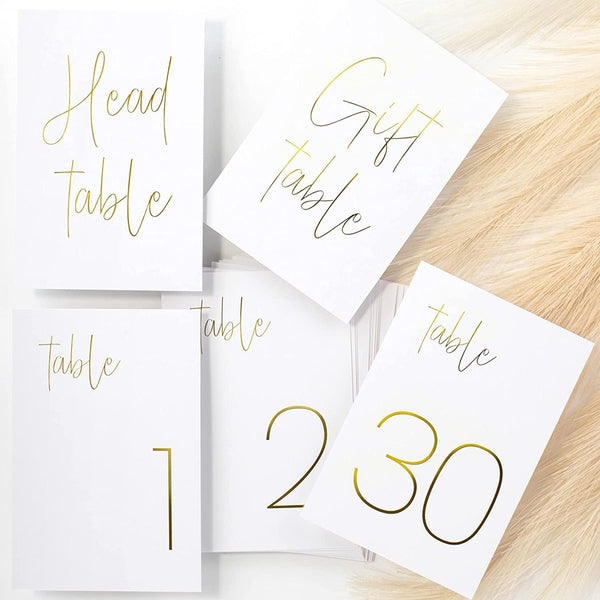 Gorgeous Gold Wedding Table Numbers - Modern Double Sided Lettering with Head Table Card - 4 X 6 Inches and Numbered 1-30 - Perfect for Weddings and Events