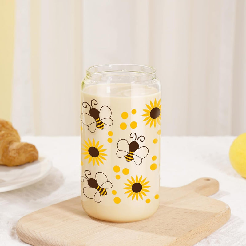 LEADO Bee Gifts, Bee Themed Gifts, Sunflower Gifts for Women - Iced Coffee Cup, Cute Glass Cup with Lid & Straw - Honey Bee Gifts, Aesthetic Gifts, Christmas, Birthday Gifts for Bee Lovers