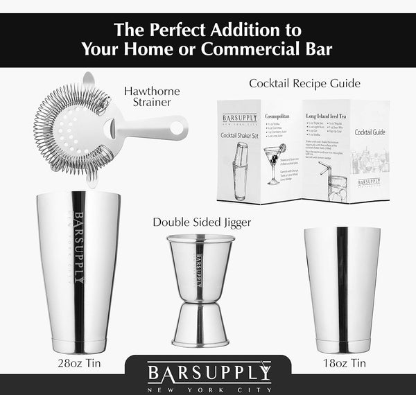 Professional Boston Cocktail Shaker Set | 4-Piece Bar Set | Stainless Steel 304 | 28oz/18oz Weighted Shaker Tins | Hawthorne Strainer | Double Sided Jigger | Recipe Booklet | Bartender Kit (Silver)