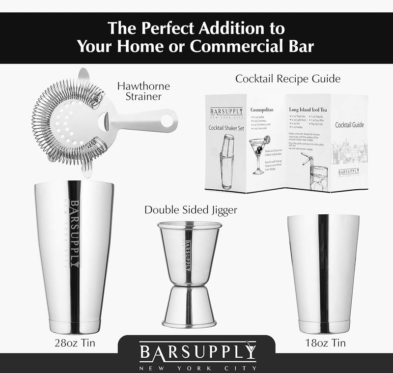 Professional Boston Cocktail Shaker Set | 4-Piece Bar Set | Stainless Steel 304 | 28oz/18oz Weighted Shaker Tins | Hawthorne Strainer | Double Sided Jigger | Recipe Booklet | Bartender Kit (Silver)
