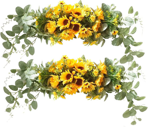 Artificial Sunflower and Eucalyptus Swag 2-Pack - 28 Decorative Floral Wreath for Door Wedding Party Wall Fireplace Garden Home Decoration