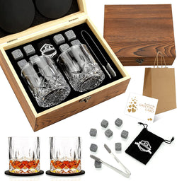 Whiskey Stones Gift Set - Whiskey Glass Set of 2 - Granite Chilling Whiskey Rocks - Scotch Bourbon Box Set - Best Drinking Gifts for Men Dad Husband Birthday Party Holiday Present