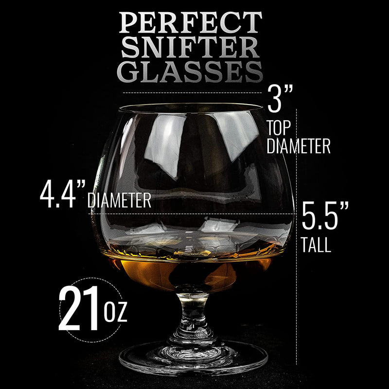 Large 21 oz Crystal Brandy and Cognac Snifter Glasses | Set of 2 Short Stem Giant Sniffer Bowls | Drinking and Tasting Glassware for Bourbon, Scotch, Tequila, Armagnac, Rum, Beer, Liquor