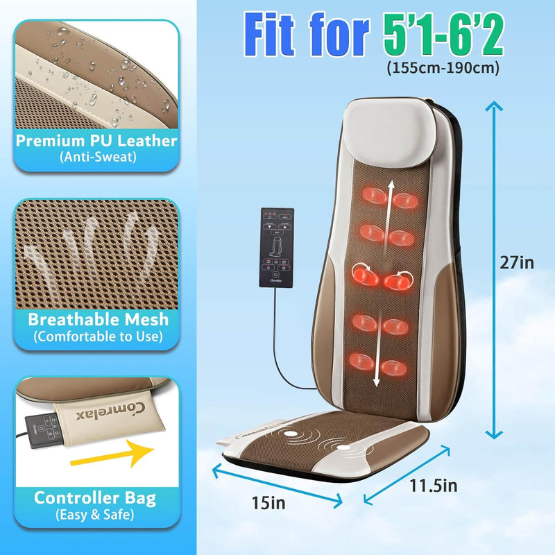 Shiatsu Back Massager with Heat, Massage Chair Pad Seat Cushion for Stress Relief, Deep Tissue Kneading & Roller, 2 Vibration Motors, Back Waist Hip Massager, PU Leather, Fit 5'1-6'2, with 2 Adapters