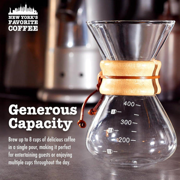 New York's Favorite Coffee - Pour Over Coffee Maker, Quickly Brew Coffee and Teas, Dishwasher Safe, 8 Cup Glass