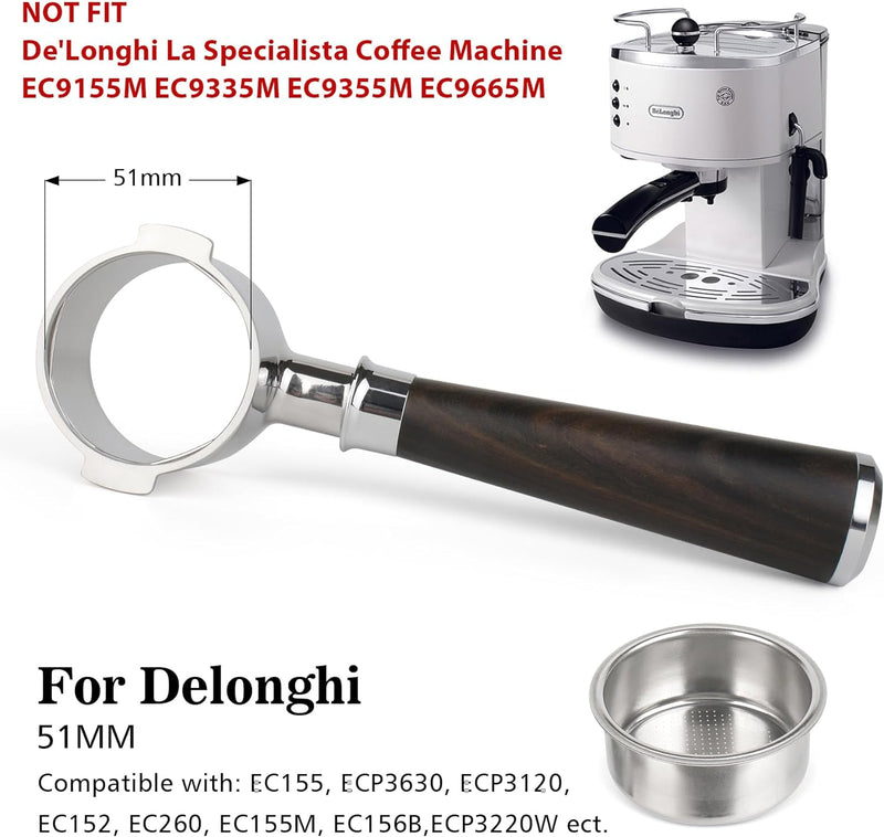 51mm Bottomless Portafilter 2 ears for Delonghi EC260/EC3420/EC155/ECP3120, 51mm Portafilter with Blackwood Handle 304 Stainless Steel Replacement Parts for Delonghi