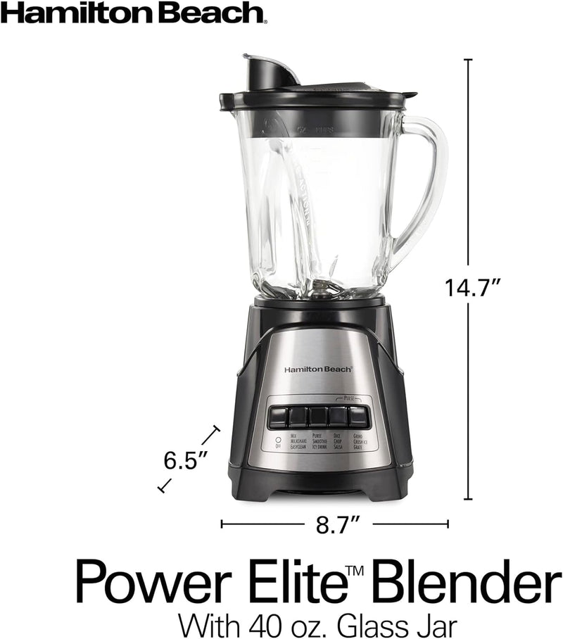 Hamilton Beach Power Elite Wave Action blender-for Shakes & Smoothies, Puree, Crush Ice, 40 Oz Glass Jar, 12 Functions, Stainless Steel Ice Sabre-Blades, Black (58148A)