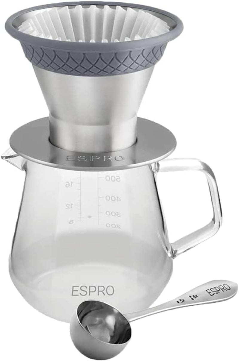 ESPRO - BLOOM Pour Over Coffee Brewer Set - Durable Thermal Brushed Stainless Steel Sleeve, Dual Filter Mode with Patented Micro-Filter and 10 Paper Filters, Makes Coffee in 2 Mins
